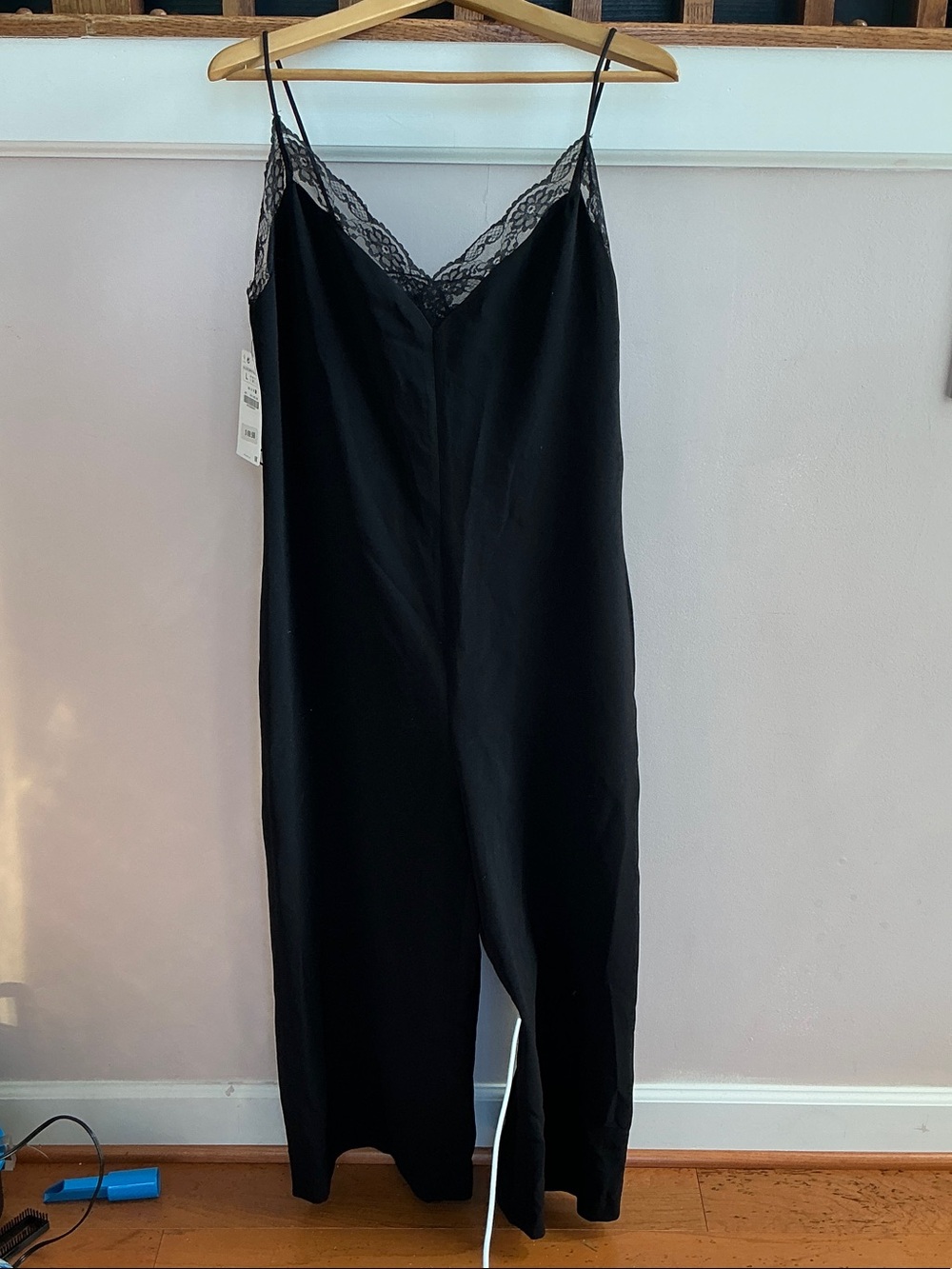 Zara Black Satin Lace-Trim Slip Jumpsuit